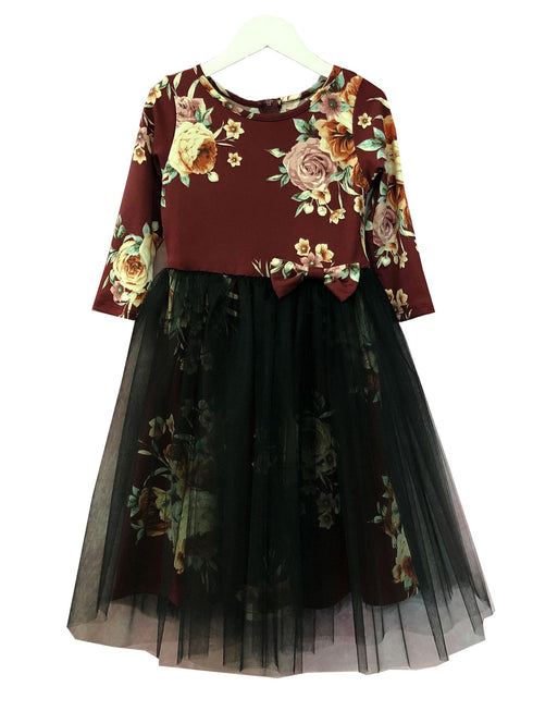 Petite Adele Girls Burgundy Floral Print Bow Overlaid Christmas Dress 2T-8 - SophiasStyle.com
